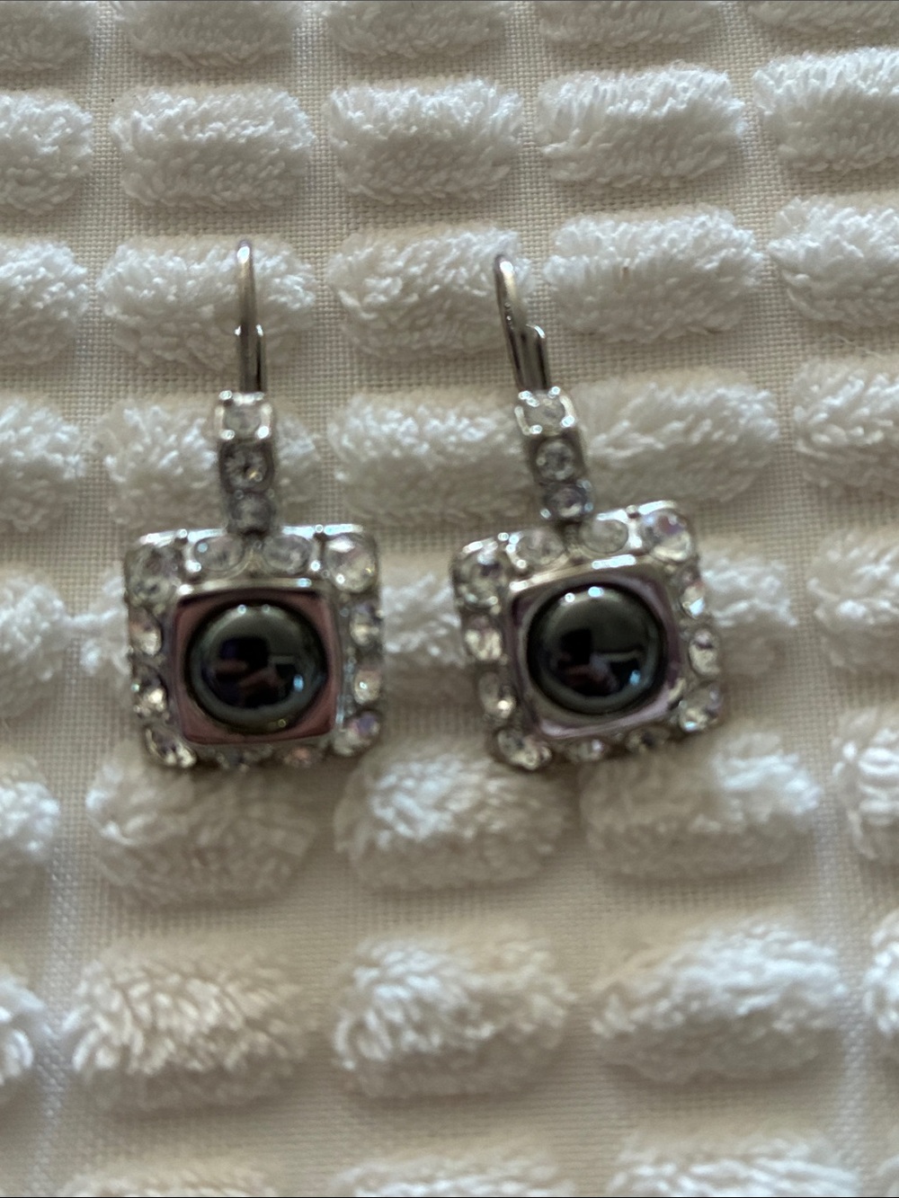 Elegant Silver-Tone Drop Earrings with Black Center and Clear Crystals
